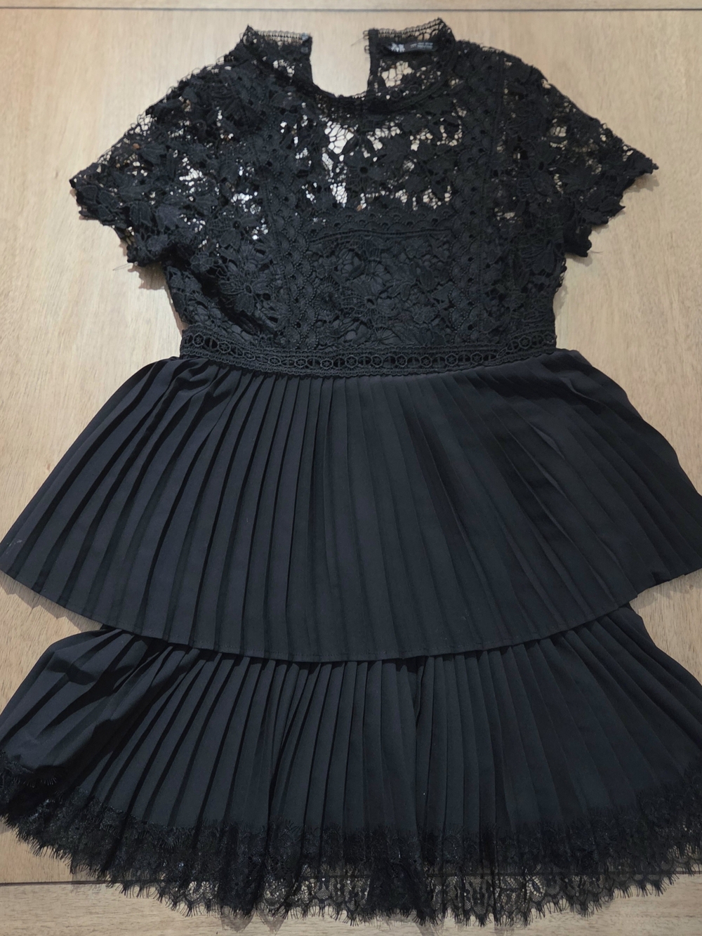 Zara Black Lace Bodice Pleated Tiered Dress